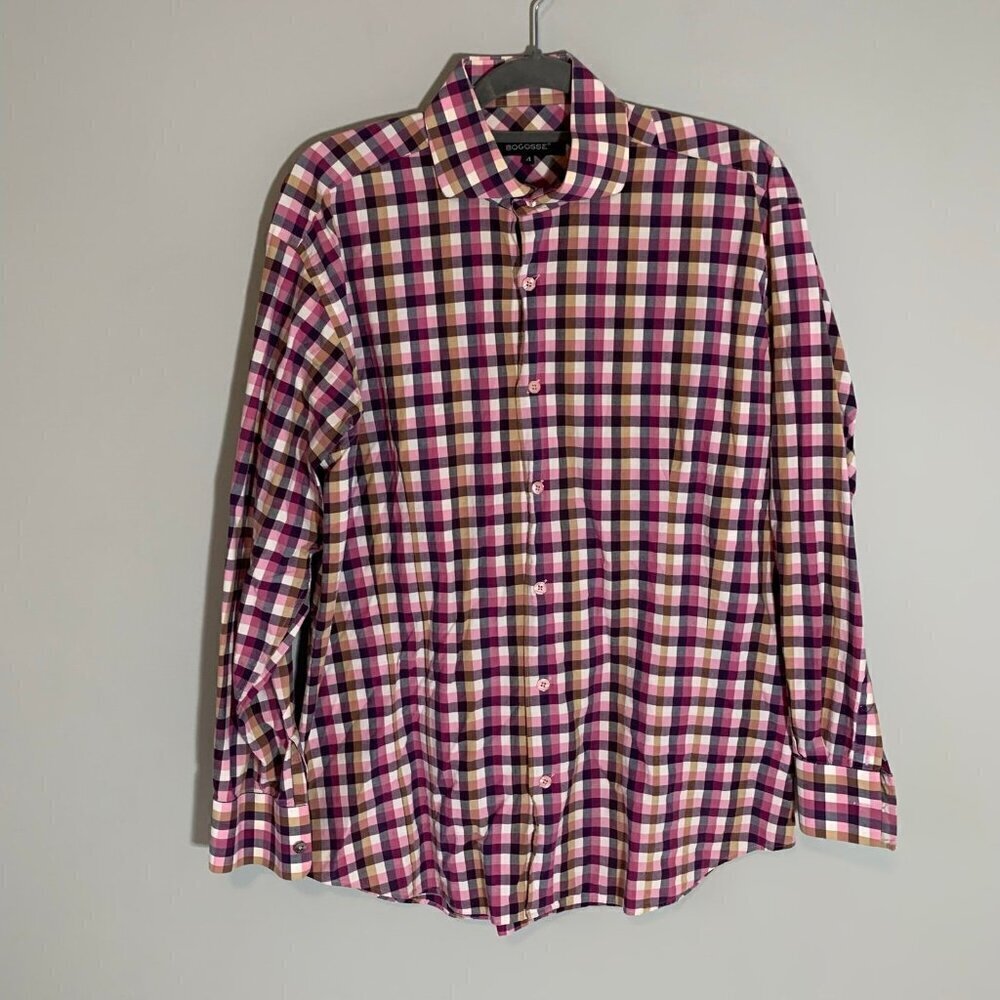 Bogosse Button Down Shirt Mens Size 4 Pink Purple Gingham Check Long‎ Sleeve